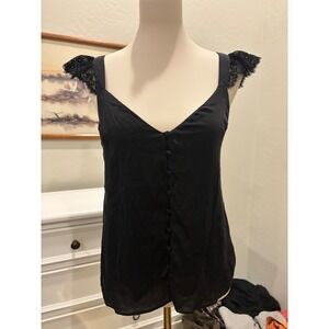 boho Silk Lace Tank Top Black Button Front Flutter Sleeve Camisole Small cami